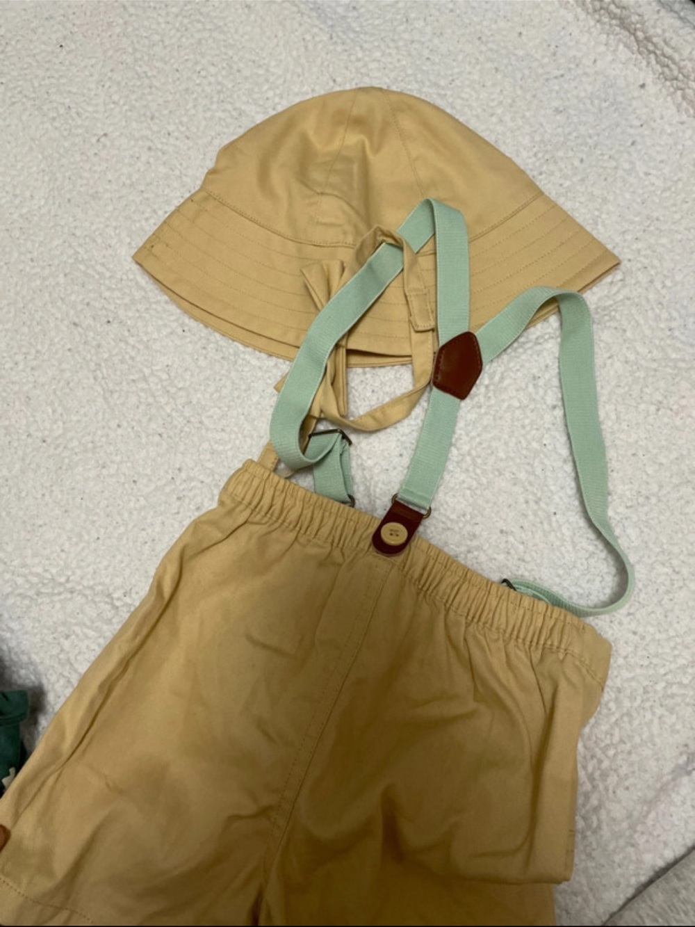 Tan Bucket Hat and Matching Tan Shorts with Mint Green Suspenders